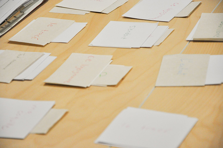 A table with flash cards on it.